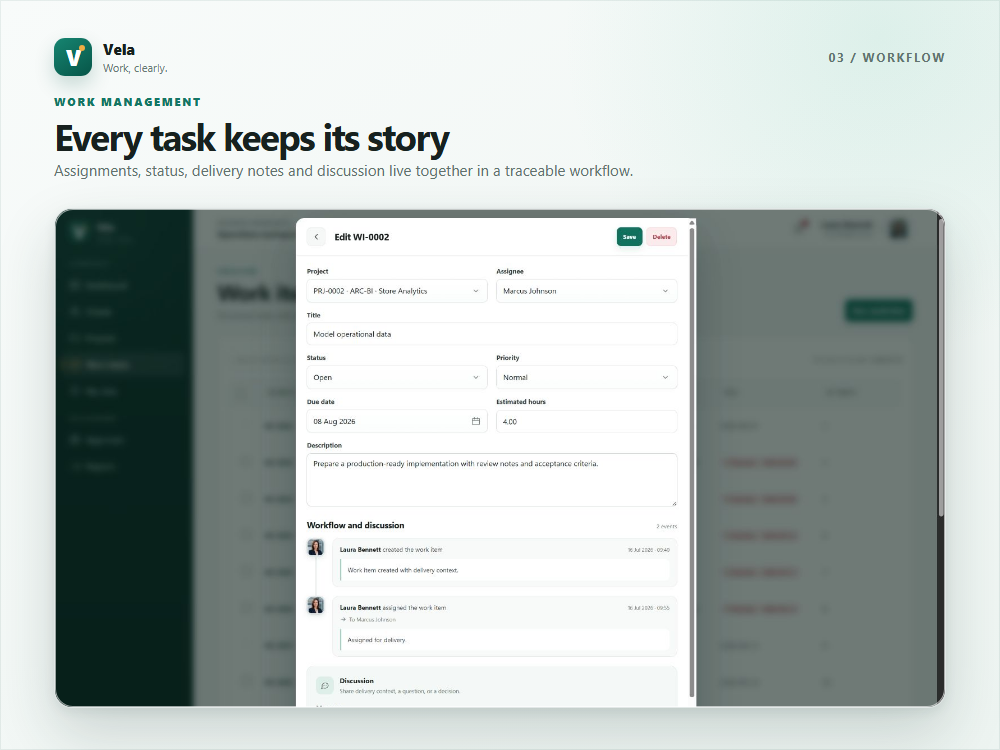 Vela work item modal with workflow history